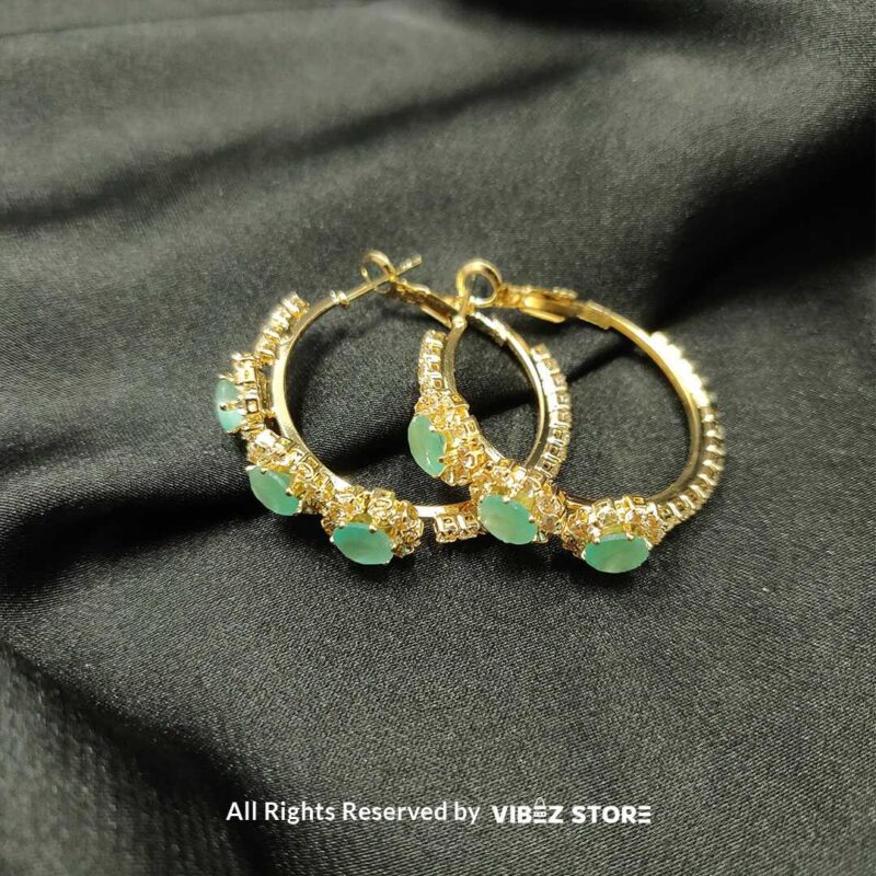 Mint Green Crystal Hoop Earrings – Gold-Tone Fashion Jewelry 3 Mint Green Crystal Hoop Earrings with gold-tone settings, delicate mint green gemstones, and crystal accents from VibezStore