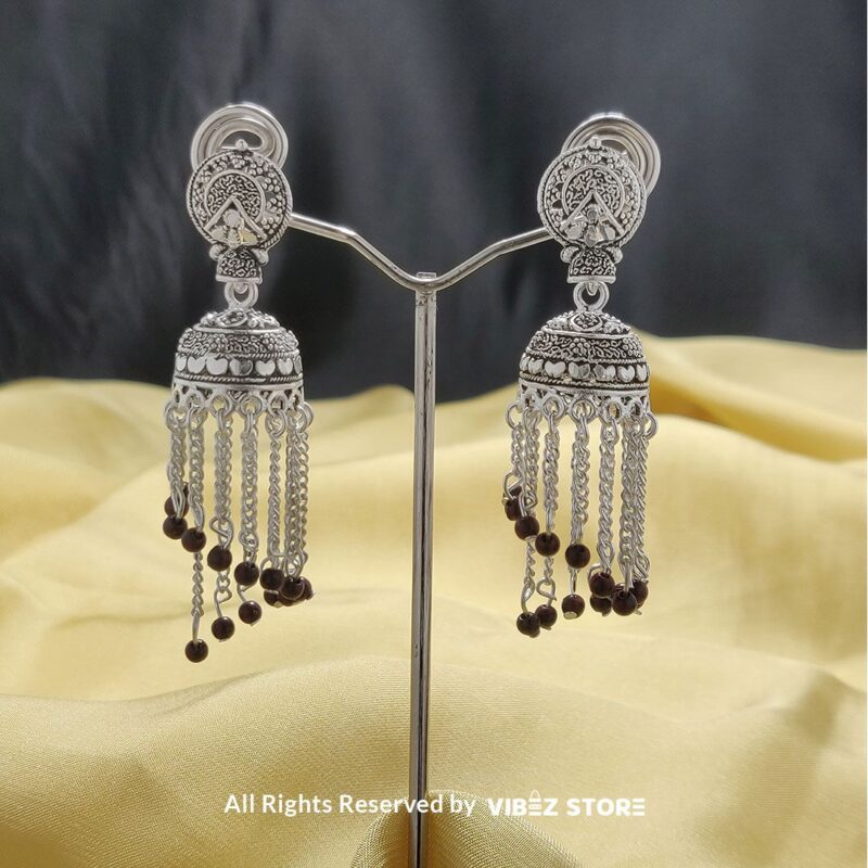 Oxidized Silver Dangle Chain Jhumka Earrings – Traditional Boho-Chic Jewelry 1 Oxidized Silver Dangle Chain Jhumka Earrings with intricate detailing, cascading chains, and black bead accents from VibezStore