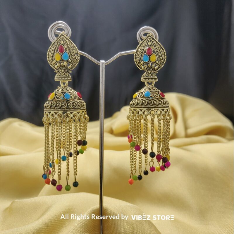 Multi-Color Beaded Gold Dangle Chain Jhumka Earrings – Traditional Ethnic Jewelry 1 Multi-Color Beaded Gold Dangle Chain Jhumka Earrings with intricate design, vibrant beads, and cascading chains from VibezStore
