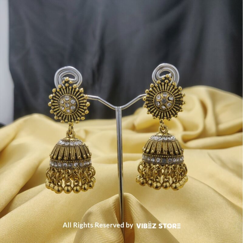 Oxidized Silver and Gold Sunburst Jhumka Earrings – Vintage Traditional Jewelry 2 Oxidized Silver Sunburst Jhumka Earrings with intricate sunburst design and classic bell-shaped dangle from VibezStore