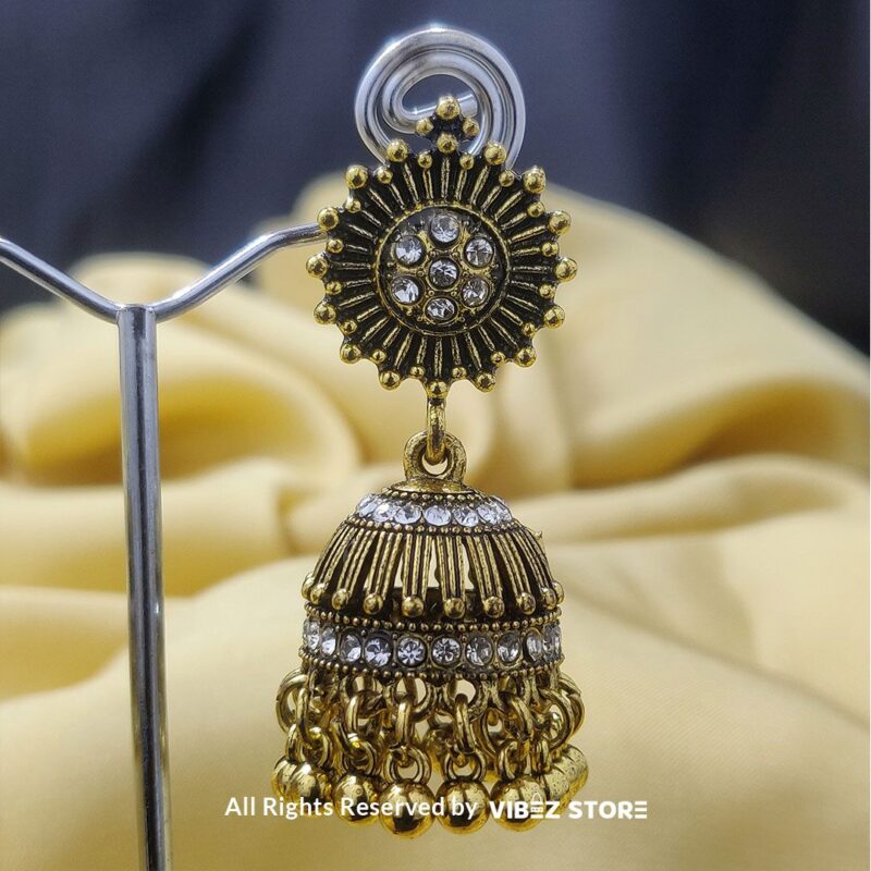 Oxidized Silver and Gold Sunburst Jhumka Earrings – Vintage Traditional Jewelry 1 Oxidized Silver Sunburst Jhumka Earrings with intricate sunburst design and classic bell-shaped dangle from VibezStore