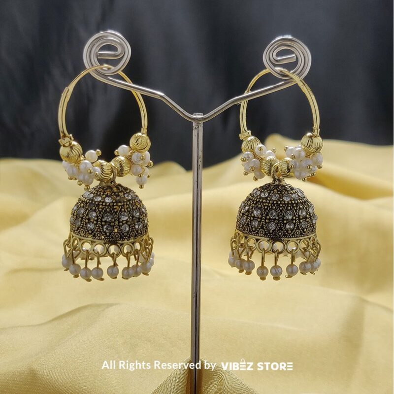Antique Gold Jhumka Earrings – Traditional Pearl & Crystal Jewelry 1 Antique Gold Jhumka Earrings with pearls and crystal accents, featuring a traditional bell-shaped design from VibezStore