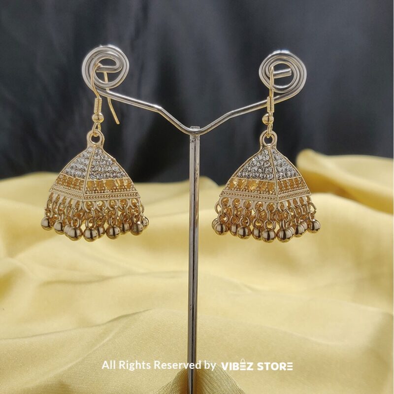 Traditional Gold Jhumka Earrings – Indian Style Dome-Shaped Jewelry 2 Black & Gold Jhumka Earrings with dome-shaped design, black crystal accents, and intricate gold-tone detailing from VibezStore