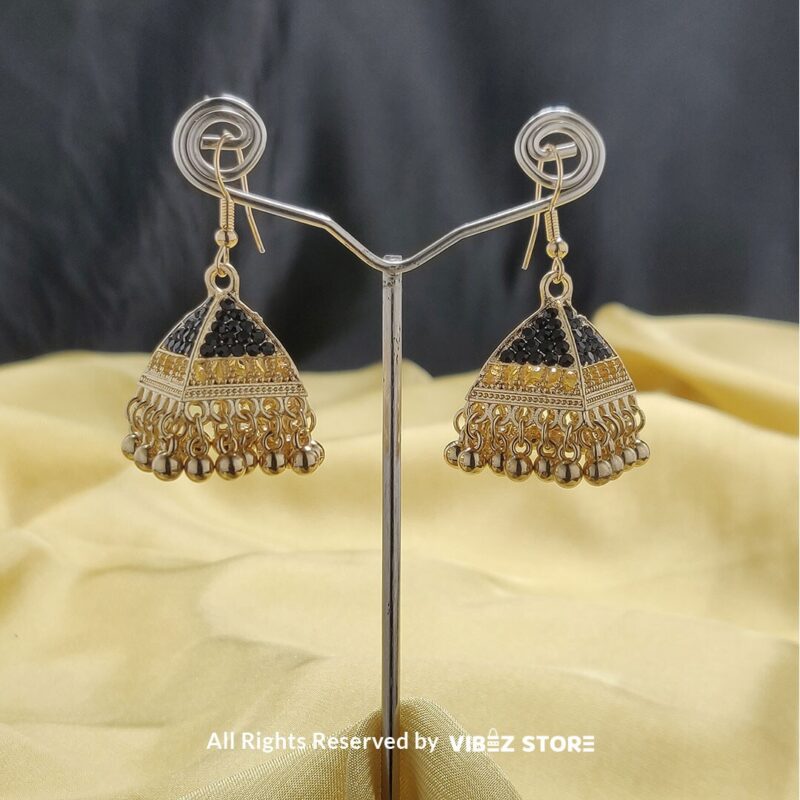 Traditional Gold Jhumka Earrings – Indian Style Dome-Shaped Jewelry 1 Black & Gold Jhumka Earrings with dome-shaped design, black crystal accents, and intricate gold-tone detailing from VibezStore