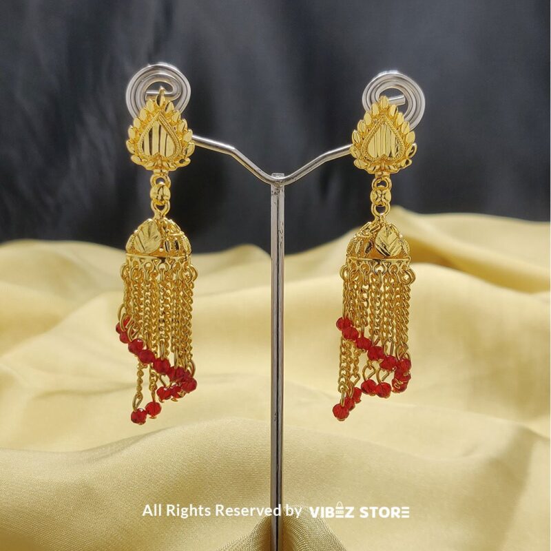 Gold Dangle Chain Earrings with Red Beads – Traditional Indian Jewelry 1 Gold Dangle Chain Earrings with intricate design, cascading chains, and red bead accents, traditional Indian jewelry from VibezStore