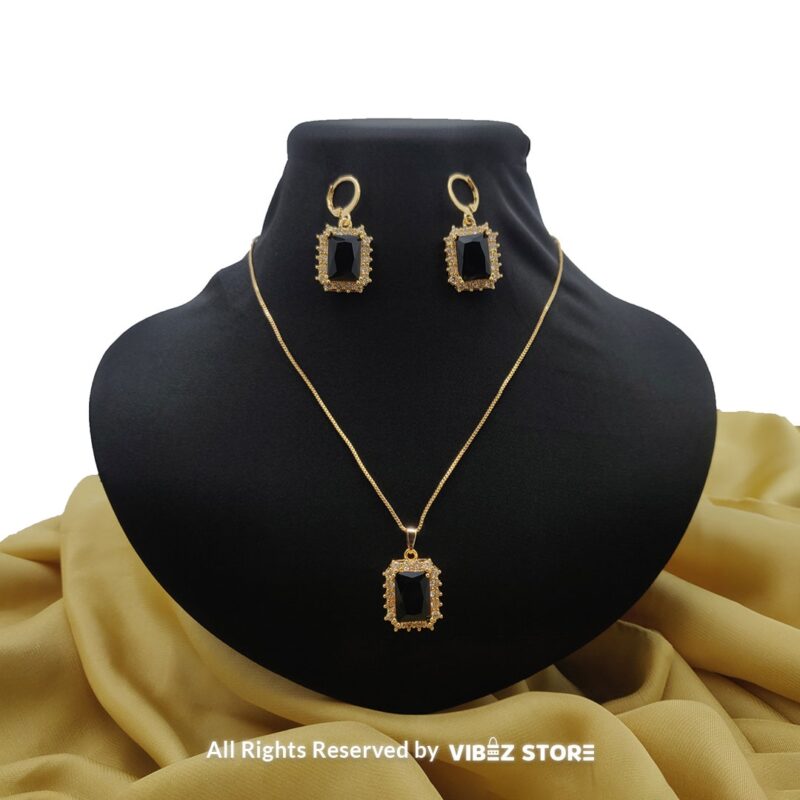 Black Onyx Pendant & Earring Set Gold-Tone Crystal Jewelry 1 Black Onyx Pendant and Earring Set with gold-tone settings, black onyx stones, and crystal frames from VibezStore