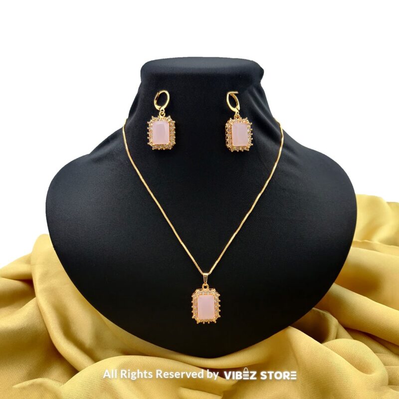 Pink Opal Pendant & Earring Set Gold-Tone Crystal Jewelry 2 Pink Opal Pendant and Earring Set with gold-tone settings, pink opal stones, and crystal frames from VibezStore