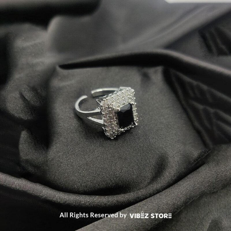 Elegant Square Black Stone Halo Ring - Multiple Colors & Sizes 4 Square Black Stone Halo Ring with adjustable silver band - Vibez Store