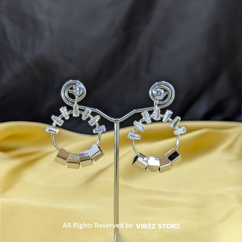 Modern Geometric Crystal Hoop Earrings 2 Geometric hoop earrings with crystals, shown in silver and gold-tone variations by Vibez Store.