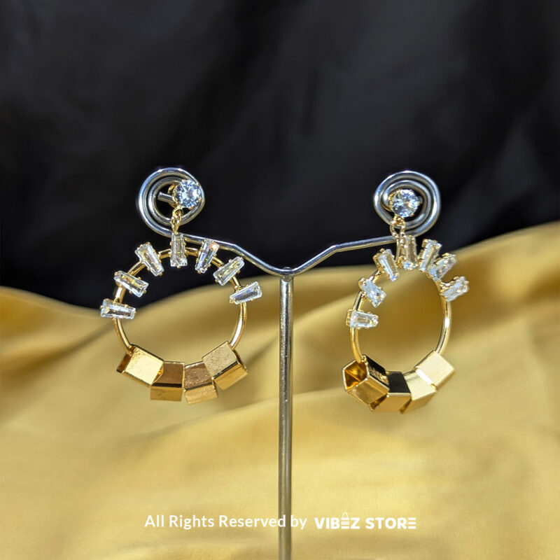 Modern Geometric Crystal Hoop Earrings 1 Geometric hoop earrings with crystals, shown in silver and gold-tone variations by Vibez Store.