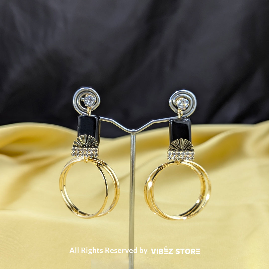 ERNG-18 Elegant Black and Gold Hoop Earrings - Image 1