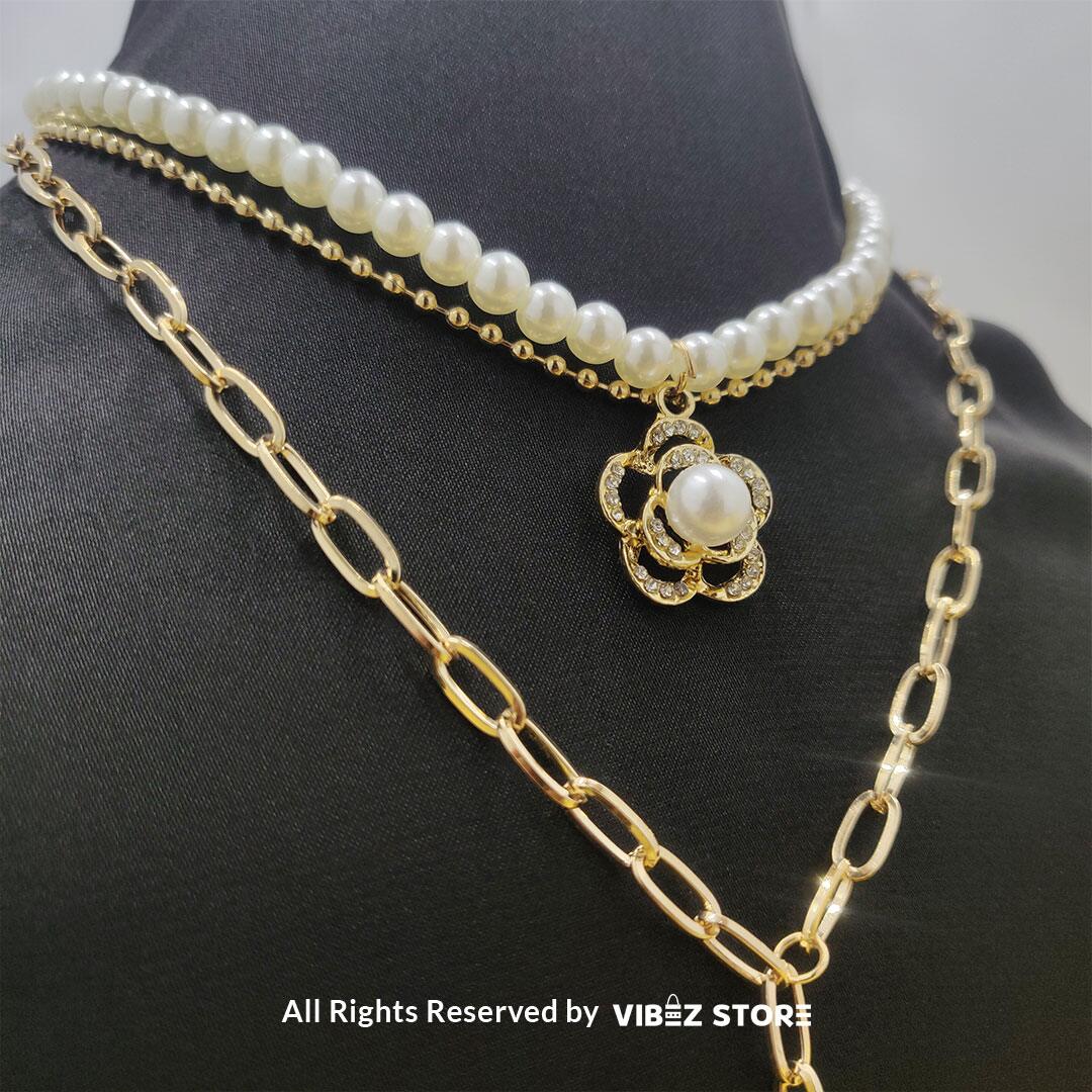 NCKL-2-B Pearl and Chain Layered Necklace with Flower Pendant - Image 1