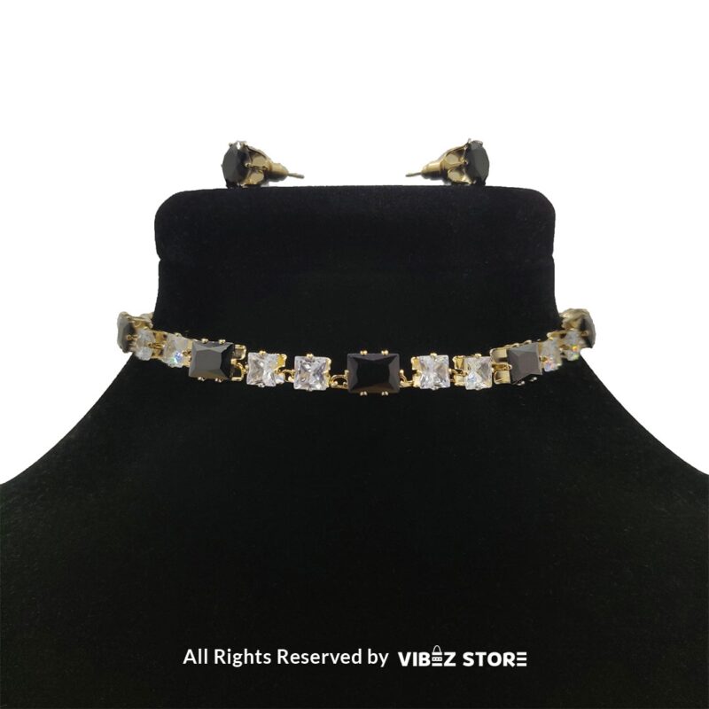 Elegant Square-Stone Choker Necklace with Earrings 1 Square-stone choker necklace with matching earrings on display, featuring alternating black and clear stones