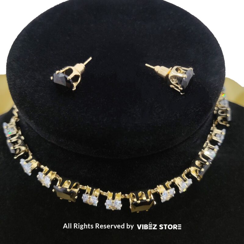 Elegant Square-Stone Choker Necklace with Earrings 2 Square-stone choker necklace with matching earrings on display, featuring alternating black and clear stones