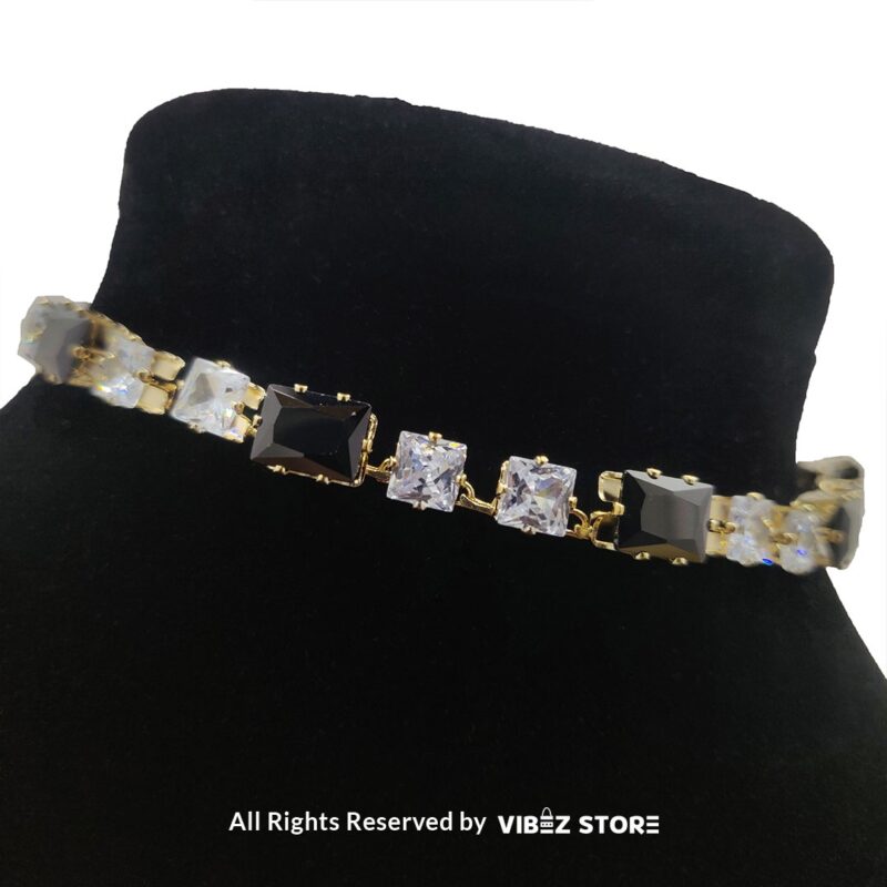 Elegant Square-Stone Choker Necklace with Earrings 3 Square-stone choker necklace with matching earrings on display, featuring alternating black and clear stones