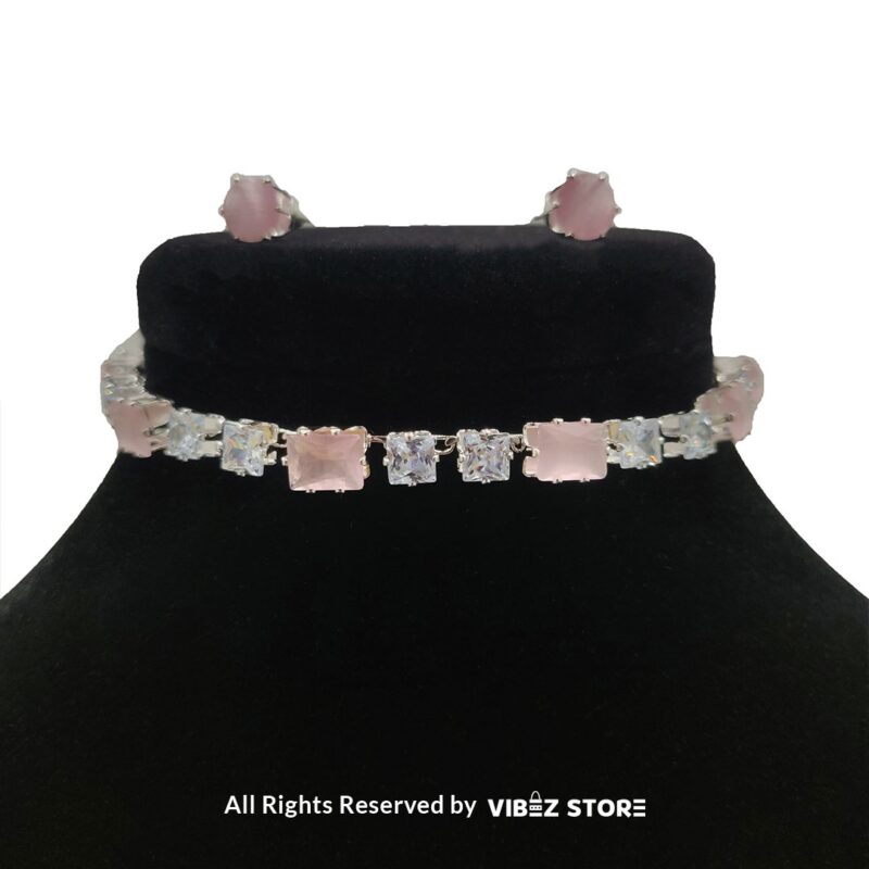 Elegant Square-Stone Choker Necklace with Earrings 4 Square-stone choker necklace with matching earrings on display, featuring alternating black and clear stones