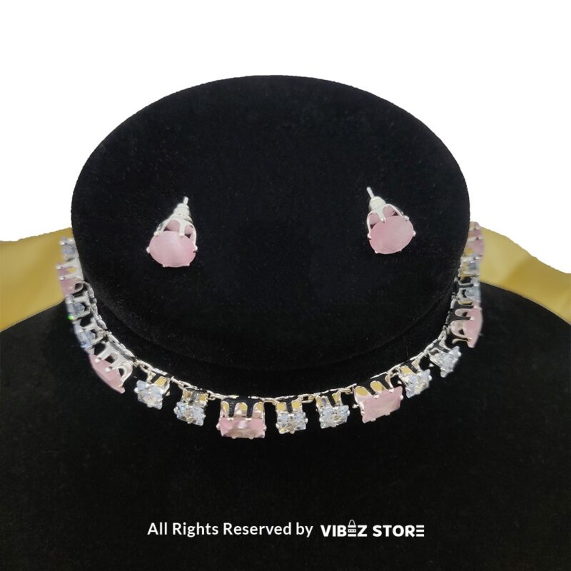 Elegant Square-Stone Choker Necklace with Earrings 5 Square-stone choker necklace with matching earrings on display, featuring alternating black and clear stones