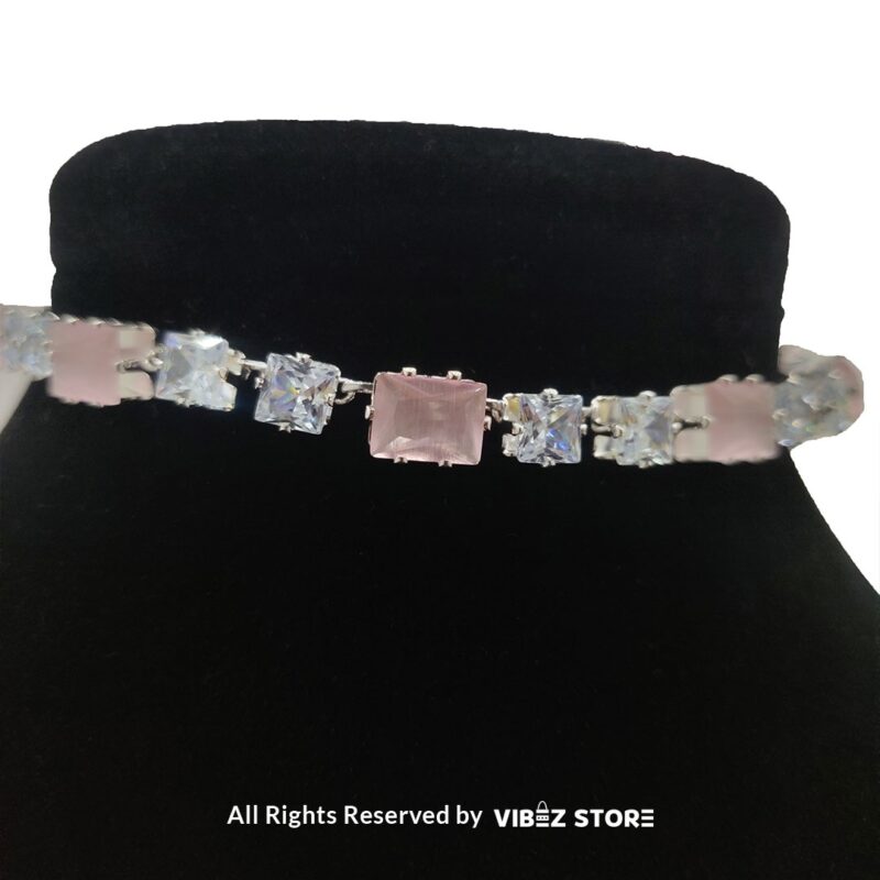 Elegant Square-Stone Choker Necklace with Earrings 6 Square-stone choker necklace with matching earrings on display, featuring alternating black and clear stones