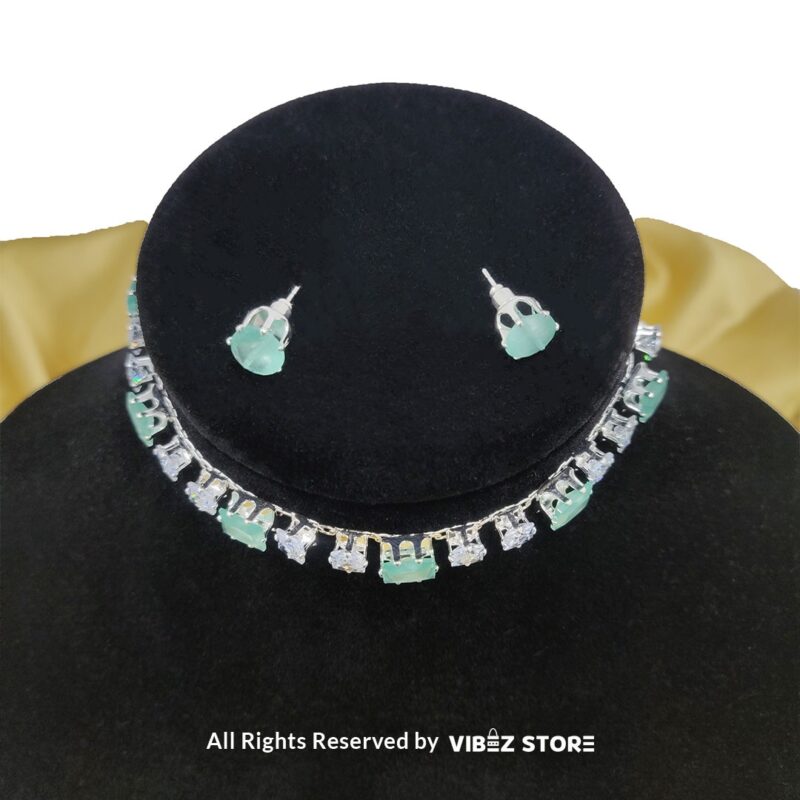 Elegant Square-Stone Choker Necklace with Earrings 8 Square-stone choker necklace with matching earrings on display, featuring alternating black and clear stones