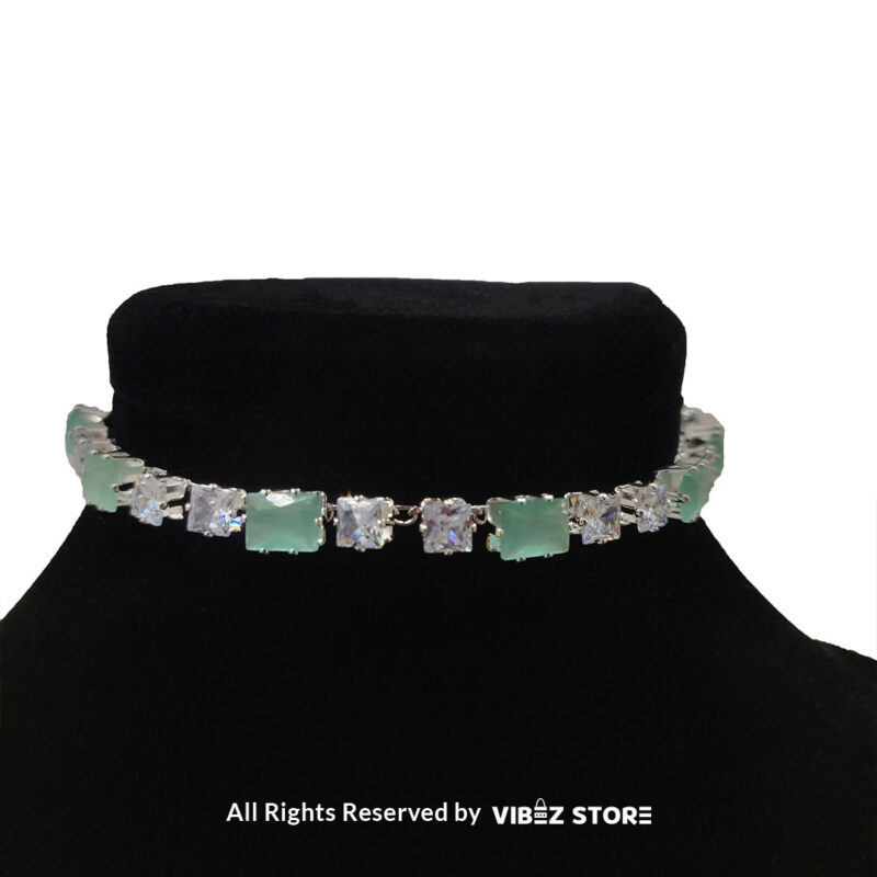 Elegant Square-Stone Choker Necklace with Earrings 9 Square-stone choker necklace with matching earrings on display, featuring alternating black and clear stones