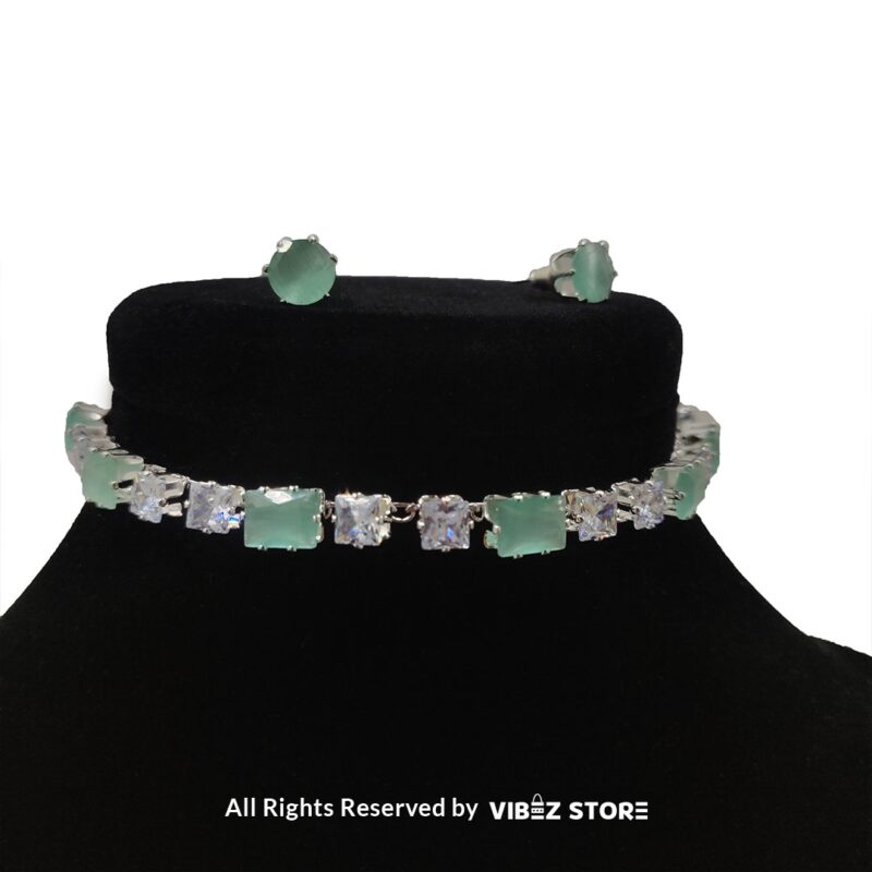 Elegant Square-Stone Choker Necklace with Earrings 7 Square-stone choker necklace with matching earrings on display, featuring alternating black and clear stones