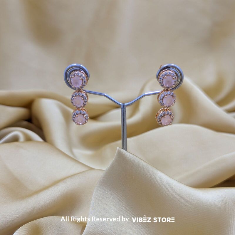 Elegant Rose Quartz Jewelry Set 5 Gold-tone jewelry set with rose quartz-inspired stones, including a necklace, earrings, bracelet, and ring, elegantly displayed by Vibez Store.