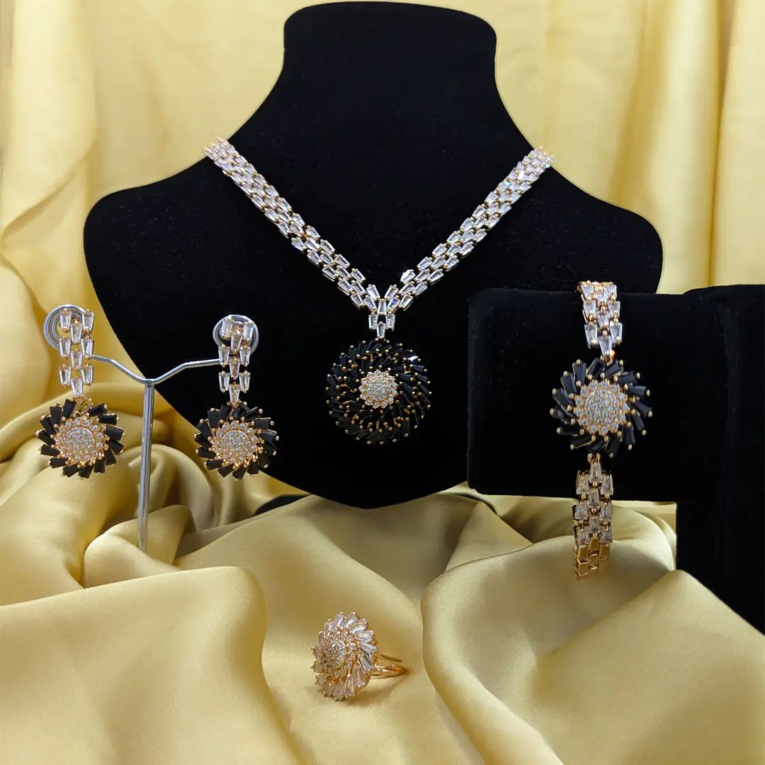 Exquisite Black and Gold Floral Jewelry Set 2 PR-NCKL-02-A