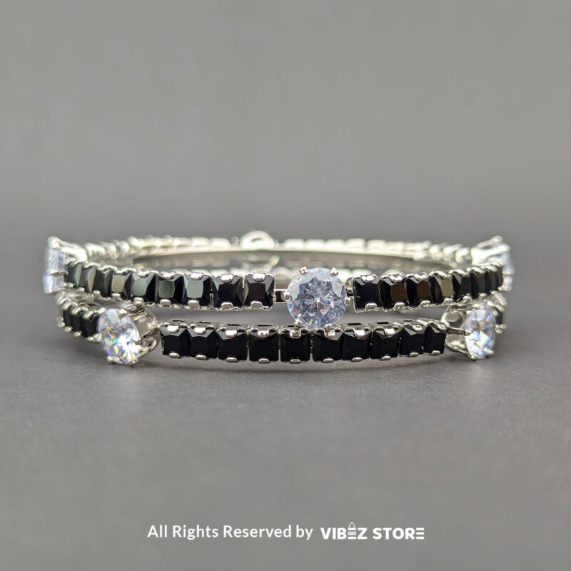 Black Crystal Silver Bangles 3 Elegant silver bangles with black square crystals and sparkling round stones.