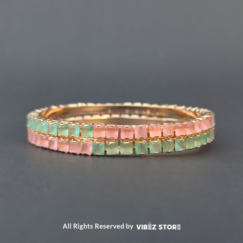 Pastel Pink & Green Gold Bangles Set 3 Pastel pink and green gold bangles set for festive and casual wear.