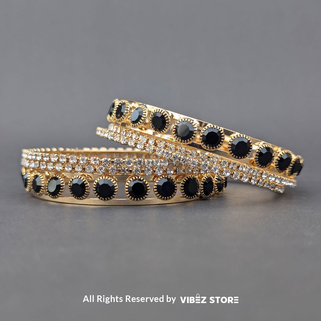 BNGL-2 Gold-Plated Black Stone and Crystal Bangle Set - Image 1