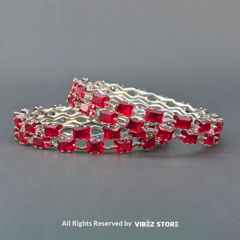 Red Crystal Silver Bangles Set 1 Red crystal silver bangles set for weddings and festive occasions.
