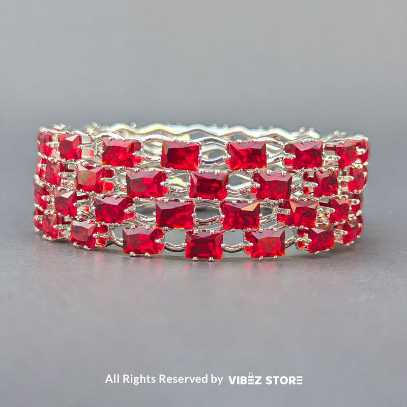 Red Crystal Silver Bangles Set 3 Red crystal silver bangles set for weddings and festive occasions.