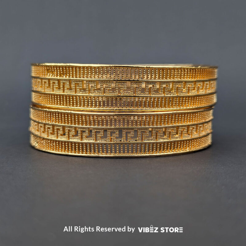 Elegant Greek Key Gold-Tone Bangle Pair 3 Pair of gold-tone bangles with Greek key pattern, displayed elegantly by Vibez Store.