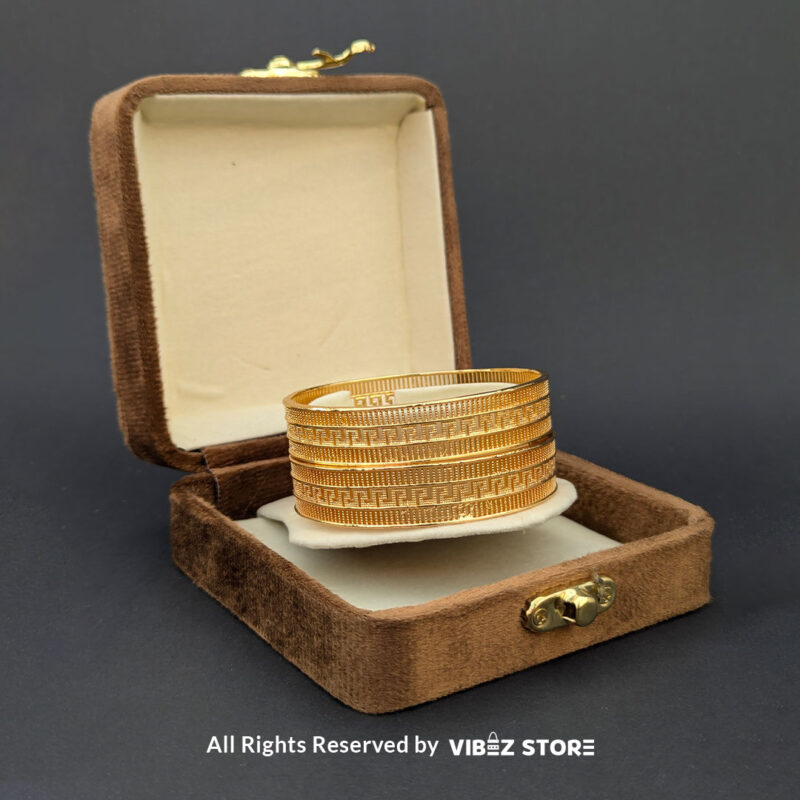 Elegant Greek Key Gold-Tone Bangle Pair 2 Pair of gold-tone bangles with Greek key pattern, displayed elegantly by Vibez Store.