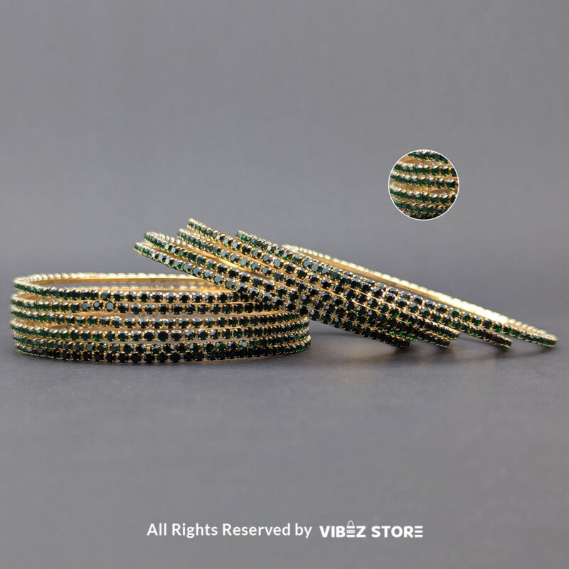 Elegant Green and Gold Stacked Stone Bangles Set 1 Set of green and gold bangles with stacked stones, displayed elegantly by Vibez Store.