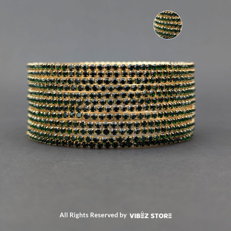 Elegant Green and Gold Stacked Stone Bangles Set 4 Set of green and gold bangles with stacked stones, displayed elegantly by Vibez Store.