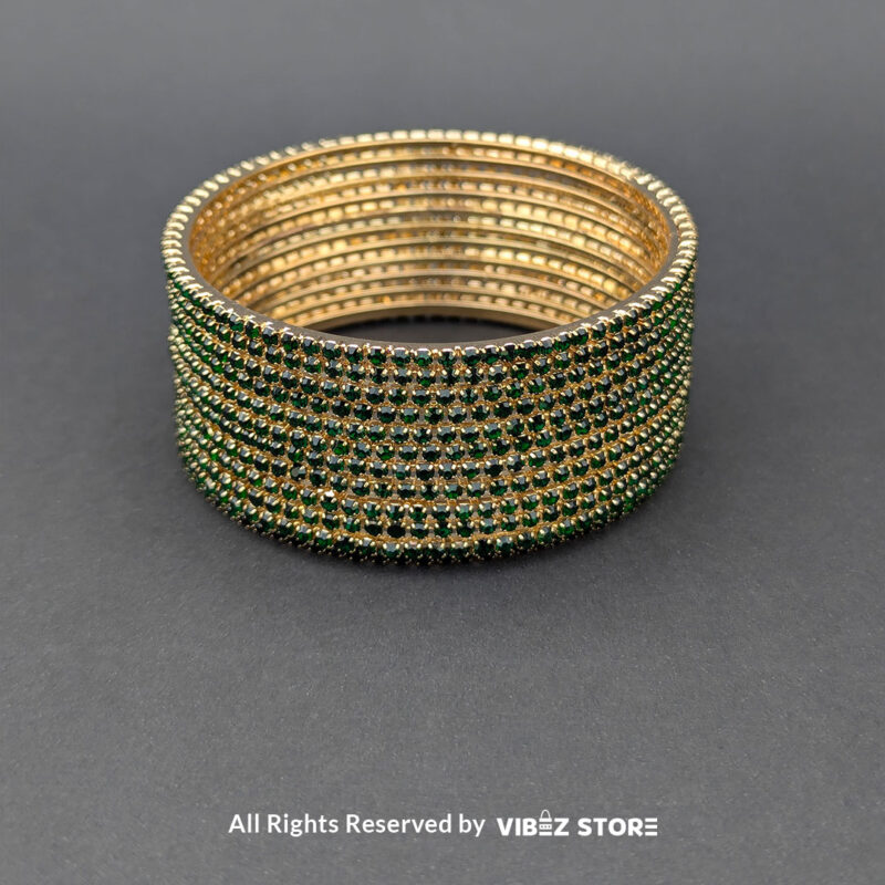 Elegant Green and Gold Stacked Stone Bangles Set 3 Set of green and gold bangles with stacked stones, displayed elegantly by Vibez Store.