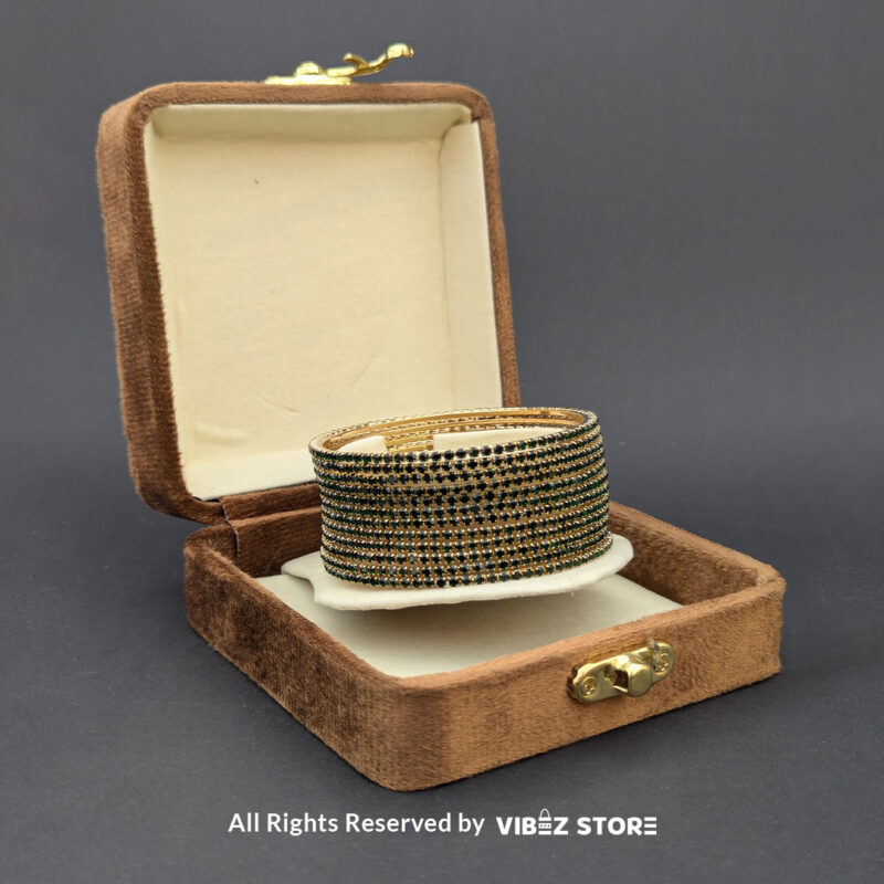 Elegant Green and Gold Stacked Stone Bangles Set 2 Set of green and gold bangles with stacked stones, displayed elegantly by Vibez Store.