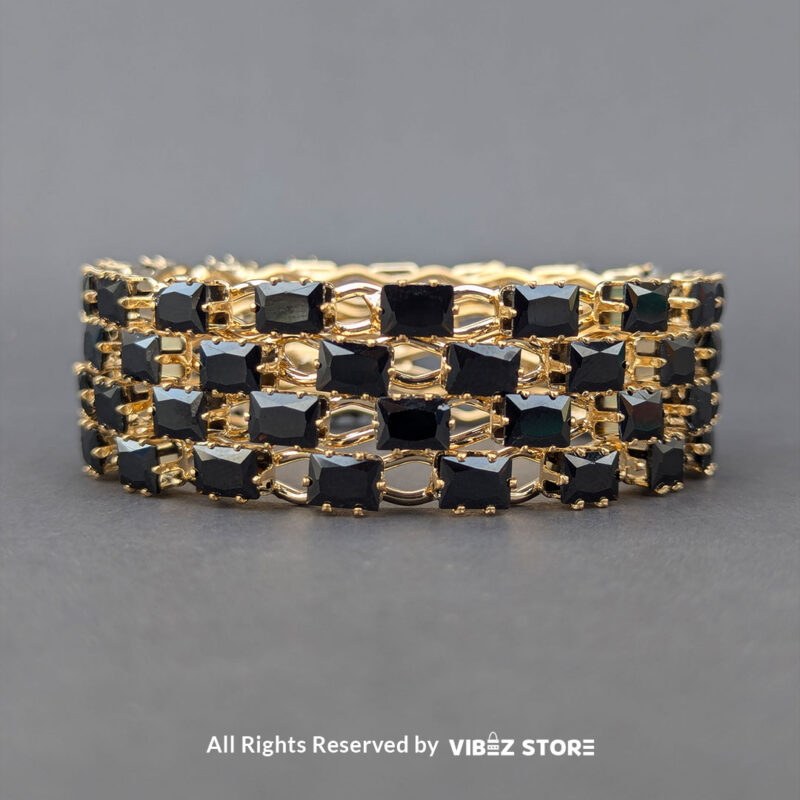 Luxurious Black Stone and Gold Grid Bangle 4 Black stone bangle with gold grid design, displayed elegantly by Vibez Store.