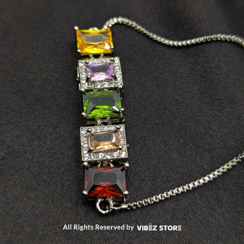 Multi-Stone Adjustable Silver-Tone Bracelet 1 Silver-tone adjustable bracelet with vibrant multi-colored rectangular stones