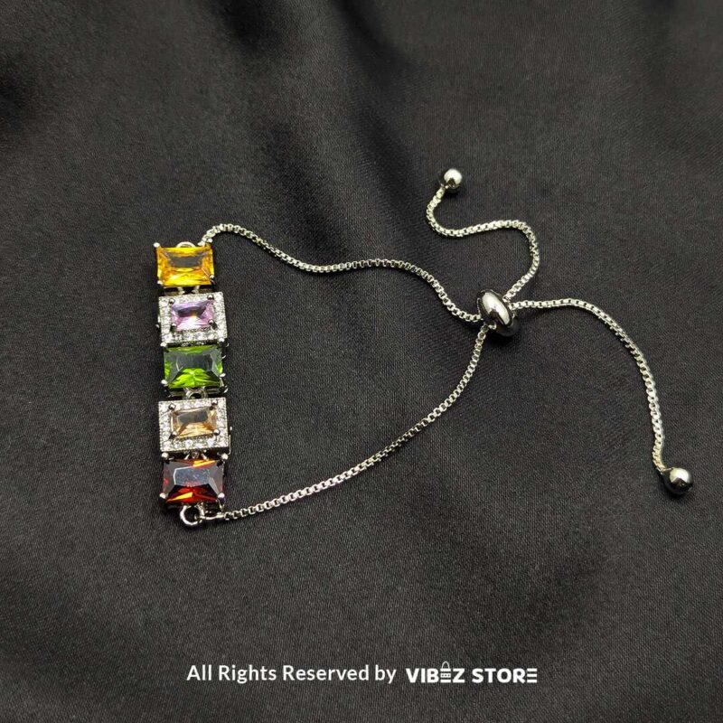 Multi-Stone Adjustable Silver-Tone Bracelet 3 Silver-tone adjustable bracelet with vibrant multi-colored rectangular stones