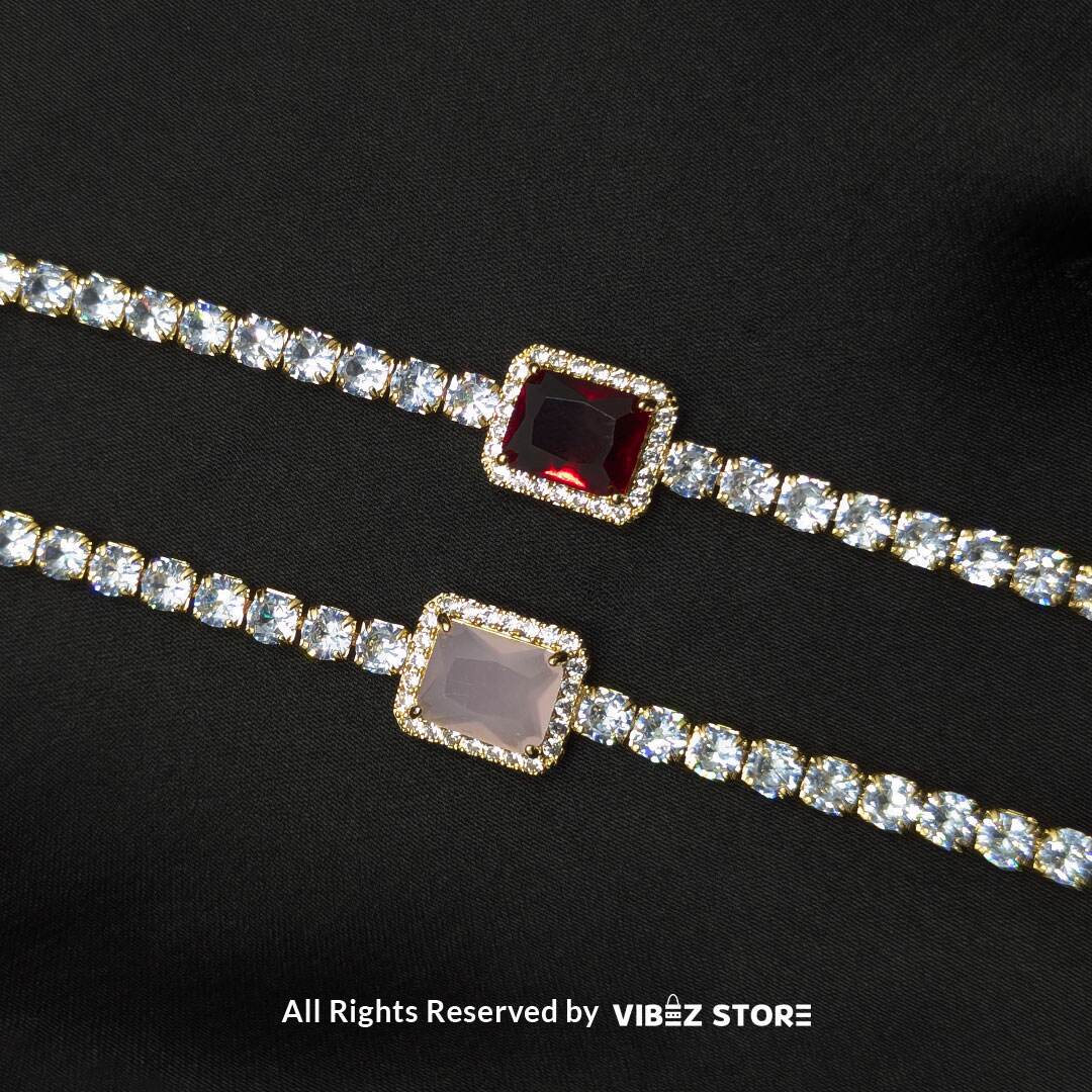 BRS-5 Crystal-Studded Gold Bracelets with Square Gemstone Centerpiece - Image 1