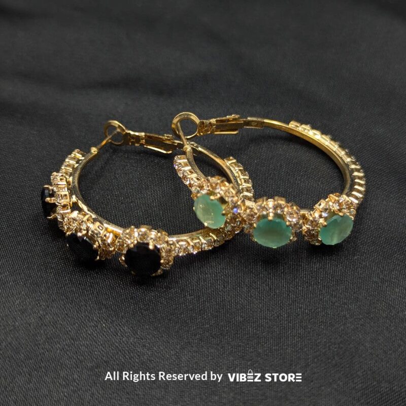 Mint Green Crystal Hoop Earrings – Gold-Tone Fashion Jewelry 1 Mint Green Crystal Hoop Earrings with gold-tone settings, delicate mint green gemstones, and crystal accents from VibezStore