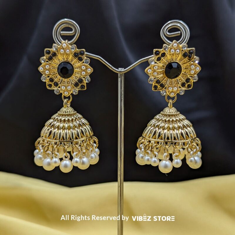Gold-Tone Jhumka Earrings with Pearl Drops 2 Gold-tone jhumka earrings with floral motifs, pearl drops, and a secure push-back closure, displayed with intricate detailing and a traditional design.