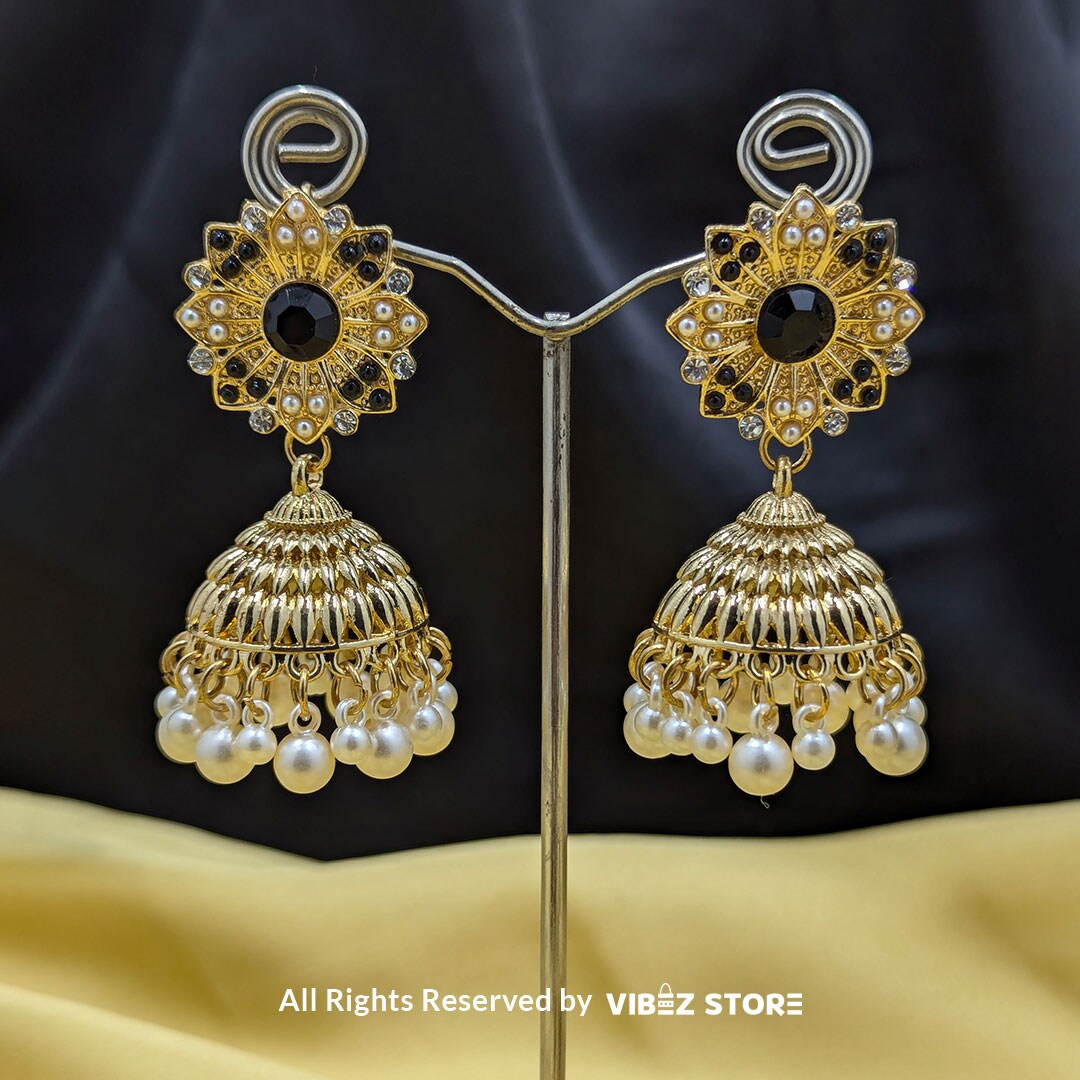 ERNG-23-A Gold-Tone Jhumka Earrings with Pearl Drops - Image 1
