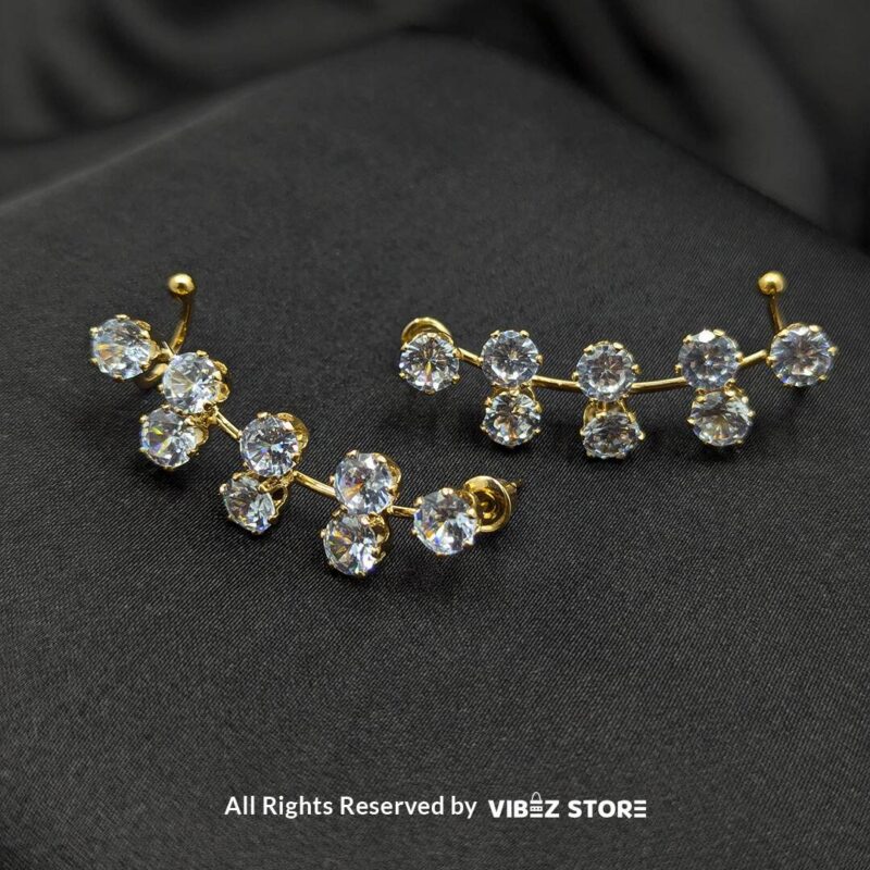 Crystal Cluster Drop Earrings 3 Gold-tone earrings with clusters of round-cut sparkling crystals arranged in a chic drop design, displayed on a black fabric background.