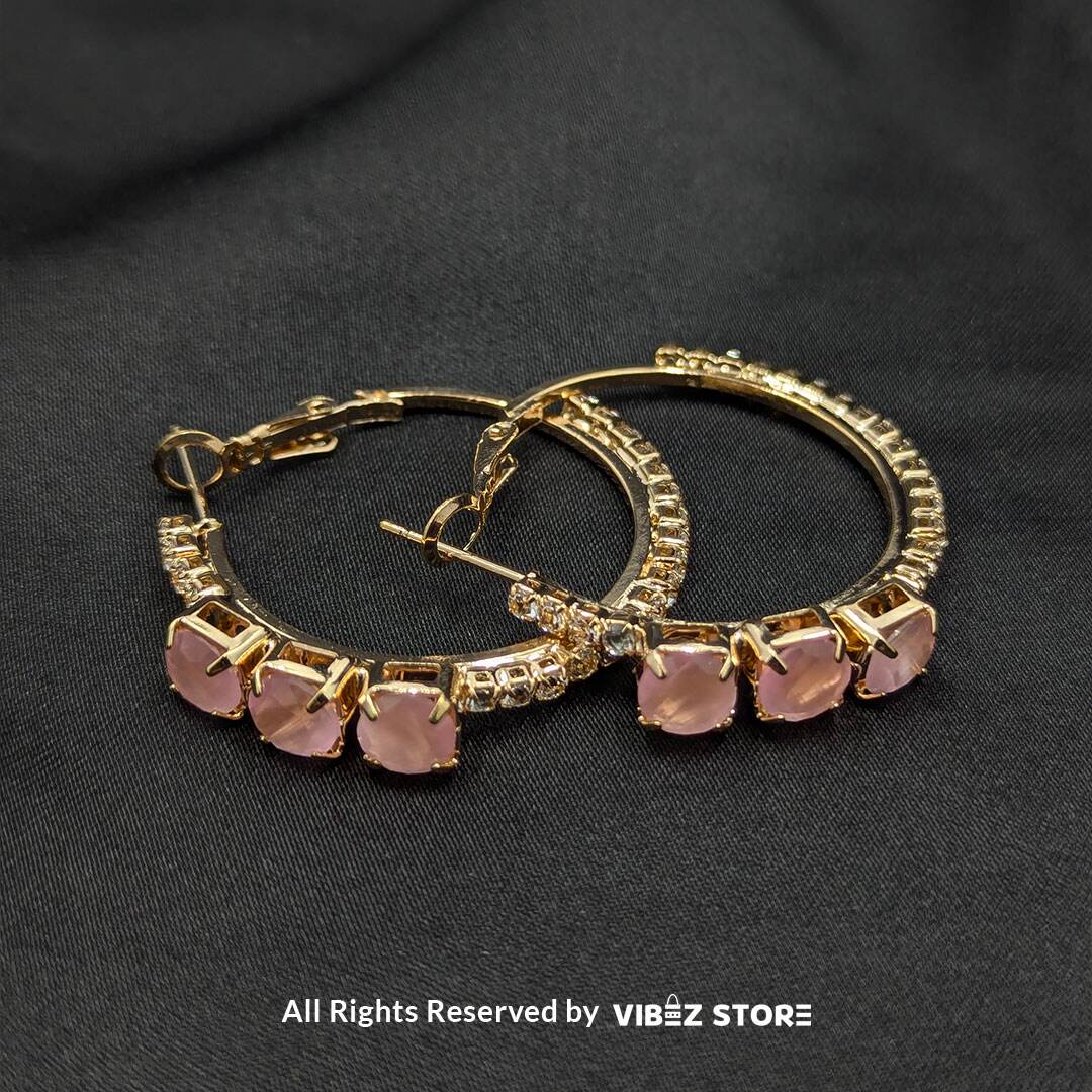 ERNG-31 Gold-Plated Hoop Earrings with Pink Stones - Image 1