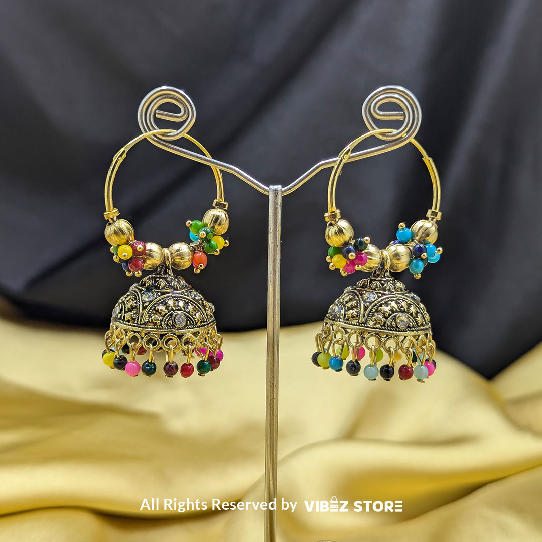 ERNG-32 Traditional Gold-Tone Jhumka Earrings with Multicolor Beads - Image 1