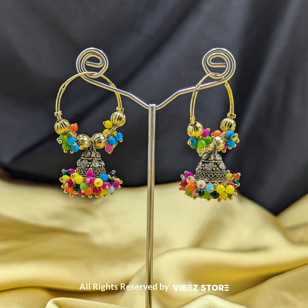 ERNG-33 Colorful Festive Jhumka Earrings with Multicolor Beads - Image 1