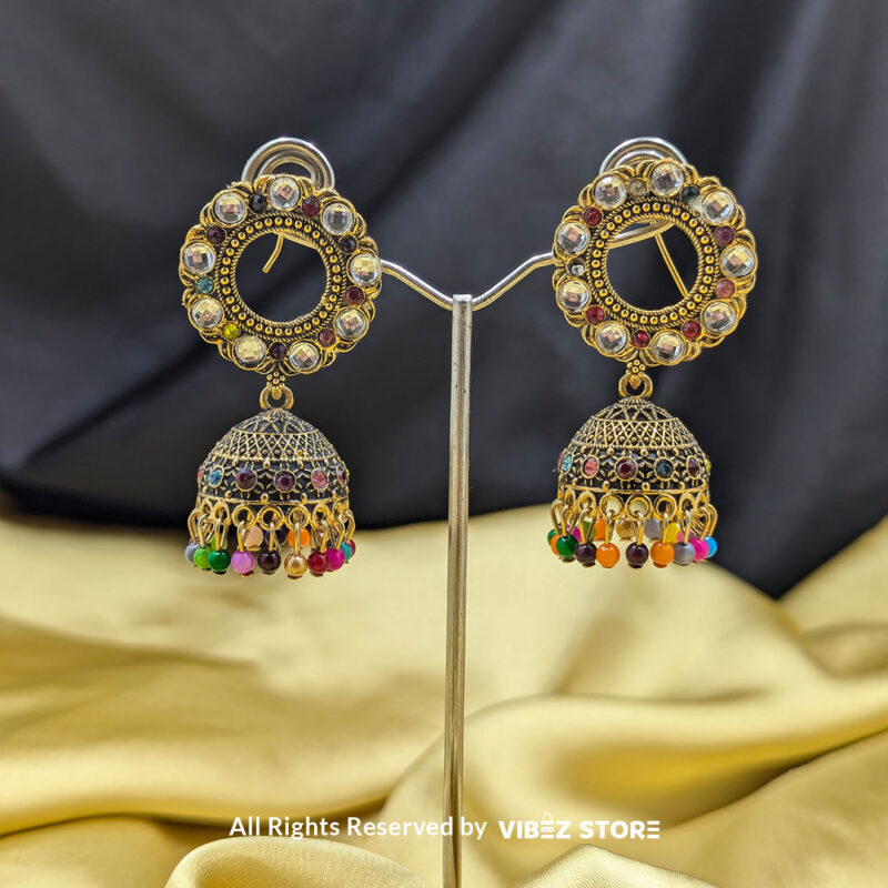 Traditional Round Multicolor Jhumka Earrings 1 Traditional round gold-tone jhumka earrings with mirrored accents and colorful bead detailing.